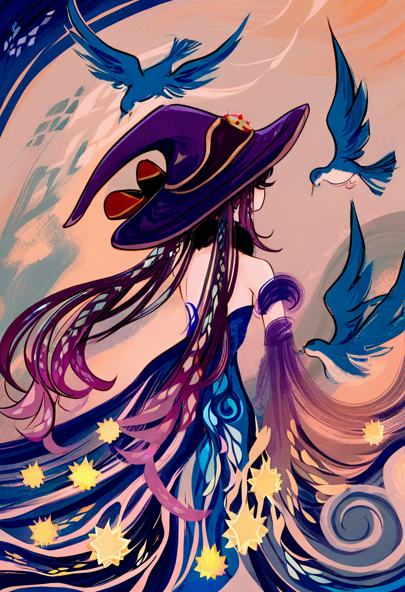 1girl, hat, witch hat, long hair, dress, solo, bird, mona \(genshin impact\), black hair, bare shoulders, twintails, blue dress, star \(symbol\), very long hair, detached sleeves, purple hair, purple headwear <lora:cqtlatteXL_NBVP1_lokr_V6311P:0.95>