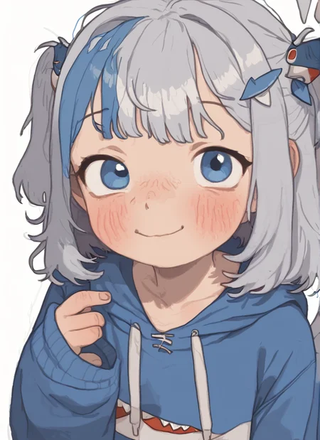 score_9,score_8_up,score_7_up <lora:possummachinexl:1.1>possummachine_style , 1girl, solo, looking at viewer, blush, bangs, blue eyes, simple background, hair ornament, long sleeves, white background, closed mouth, blue hair, standing, tail, , grey hair, multicolored hair, virtual youtuber, hood, medium hair, two side up, streaked hair, sleeves past wrists, hoodie, hood down, fish tail, shark tail, blue hoodie, shark girl, shark hair ornament, gawr gura , upper body , smile , closed mouth