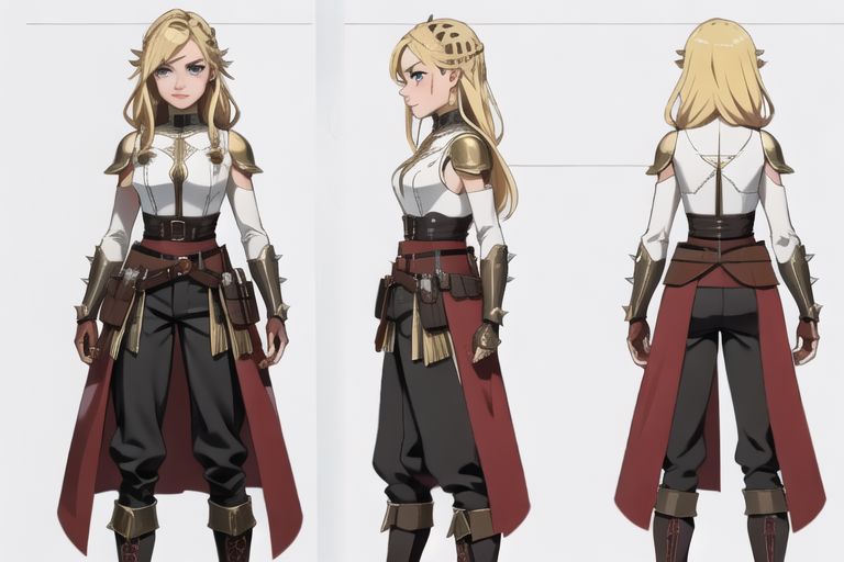 1woman, solo, armor, pauldrons, <lora:BarbarianT-18:0.8>, BarbarianT, muscular female, bare very muscular abs, ((masterpiece: 1.4, perfect face, best quality: 1.2)), saturated brown tones, ultra highly detailed, detailed eyes, delicate hair details, armor faulds, fantasy crop top, arm armor, armor greaves, short tippet, large breasts, sexy eyes, devilish grin, mixed blonde hair, very long spiky hair, many braids in long hair, intricate details, hazel eyes, eyeliner, eyelashes, crossed_bangs, warpaint, one bare muscular armor with viking design tattoo, wide striped puffy sleeves, multicolor sleeves, tribal design asymmetrical lion cloths, leather boots, wide striped baggy pants trousers, tassel belt accessories, barbarian woman, brown leather hip belt with pouch on right side of hip, sword on left side of hip belt, leather gloves with fur trim, nordic, fantasy aesthetic,(2d saturated colors), fine details, intense,(lineart:1.33), charactersheet, reference sheet, multiple views, white background