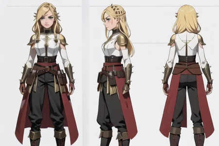 1woman, solo, armor, pauldrons, <lora:BarbarianT-18:0.8>, BarbarianT, muscular female, bare very muscular abs, ((masterpiece: 1.4, perfect face, best quality: 1.2)), saturated brown tones, ultra highly detailed, detailed eyes, delicate hair details, armor faulds, fantasy crop top, arm armor, armor greaves, short tippet, large breasts, sexy eyes, devilish grin, mixed blonde hair, very long spiky hair, many braids in long hair, intricate details, hazel eyes, eyeliner, eyelashes, crossed_bangs, warpaint, one bare muscular armor with viking design tattoo, wide striped puffy sleeves, multicolor sleeves, tribal design asymmetrical lion cloths, leather boots, wide striped baggy pants trousers, tassel belt accessories, barbarian woman, brown leather hip belt with pouch on right side of hip, sword on left side of hip belt, leather gloves with fur trim, nordic, fantasy aesthetic,(2d saturated colors), fine details, intense,(lineart:1.33), charactersheet, reference sheet, multiple views, white background