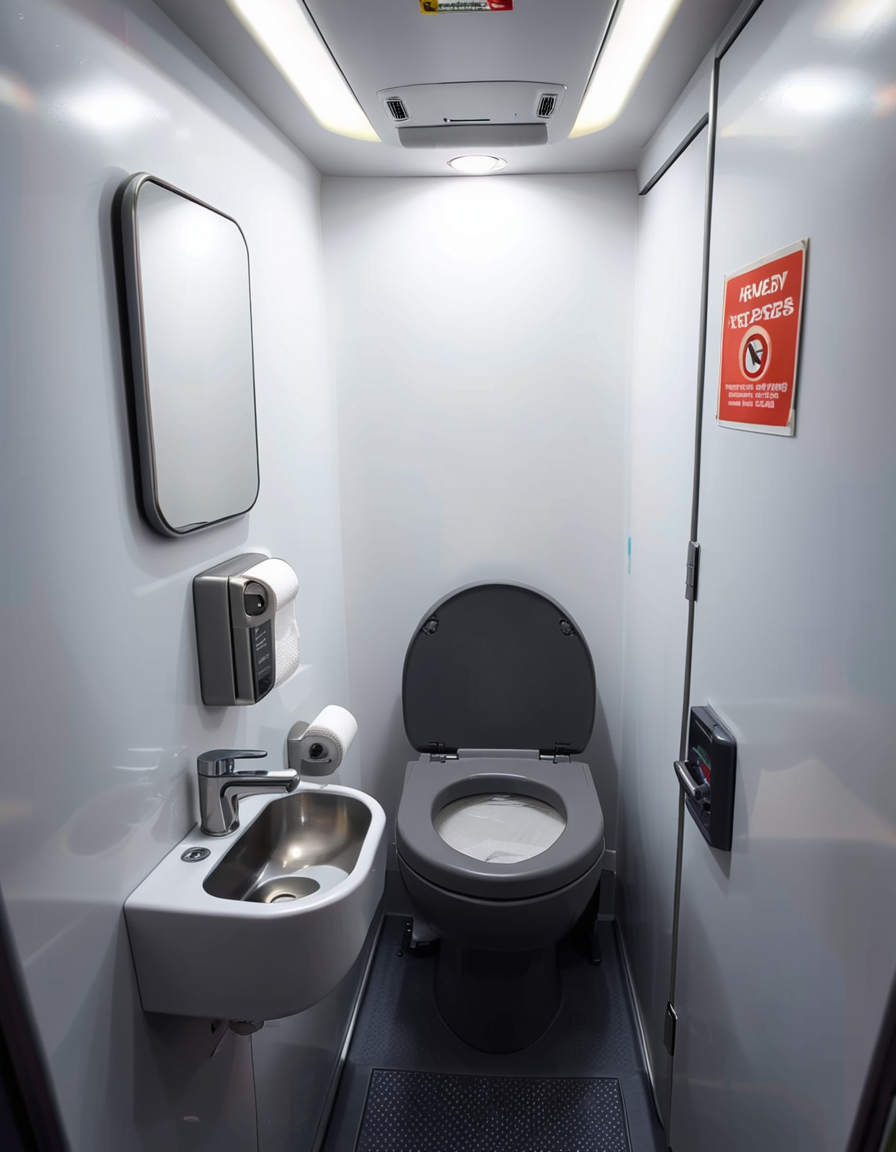 A highly detailed and realistic photograph of an airplane lavatory. The small, compact space features light gray plastic walls with subtle texture, a stainless-steel sink with a motion-sensor faucet, and a mirror reflecting the narrow interior. The toilet is sleek, with a closed lid and a small instruction sticker on top. A soft, dim overhead light illuminates the space, creating a sterile yet functional atmosphere. On the side, a dispenser for paper towels and a built-in trash compartment are visible. The door has a small lock mechanism and an 'Occupied' sign. The floor is dark, non-slip material, and there are small signs with safety instructions in multiple languages. The perspective is slightly wide-angle, capturing the entire space from a slightly tilted angle, emphasizing the compact design. 
<lora:SDXLFaeTastic2400:0.4> <lora:extremely_detailed:0.4> extremely detailed,<lora:airplane_l4v4t0ry:1>,airplane l4v4t0ry, Masterpiece,best quality,hi res,8k,hi res,8k,award winning,(sharp focus, intricate, highly detailed),