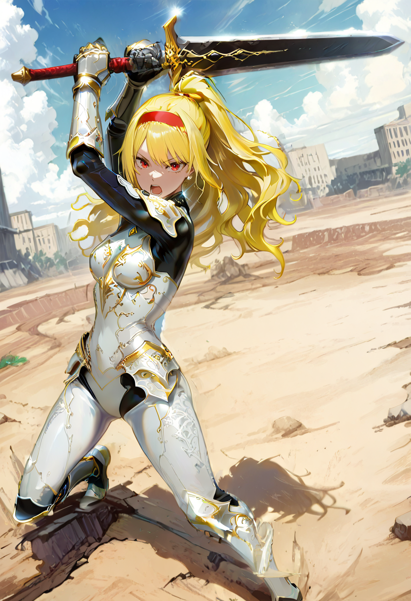 1girl, solo, anime coloring, anime artwork, unholy-aesthetic, masterpiece, best quality, newest, absurdres, highres, safe, CG, cinematic lighting, natural shadow, highest detail, detailed background, intricate scenery, depth of field, insane details, intricate, subsurface scattering, very aesthetic, serene atmosphere, artistic rendering, dramatic contrast, luminous elements, soft painterly texture, striking visual design, finely detailed face, beautiful face, <lora:kaelaIL:0.55> kaelaIL, long hair, red eyes, (yellow hair:1.5), ponytail, red hairband,
dynamic angle, cinematic angle, full body, from side,
1girl, solo, shouting,
day, blue sky, clouds,
training ground, attack stance, greatsword,
<lora:hina_MixArmor_x215c:0.9> (fantasy armor, gauntlets, shoulder armor, bodysuit, fantasy white armor, ornate lace, extreme detailed ornate armor, diamond girdle, gemstone choker:1.5),
<lora:WidePonytailV3-IXL:1> wide high ponytail, long hair, wavy hair,
<lora:748cmSDXL:0.45> 748cmstyle,
<lora:ILLMythP0rtr4itStyle:0.7> mythp0rt