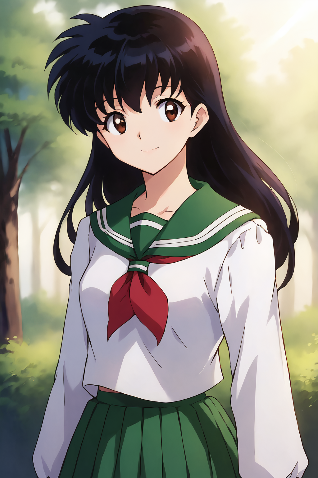 1girl, (solo), portrait, sharp focus, soft lighting,, , illustration, depth of field, (bloom:0.4), kagomexl, long hair, black hair, brown eyes, bangs, school uniform, serafuku, sailor collar, red neckerchief,  smile,  green skirt, full body,  <lora:kagomexl:0.75>