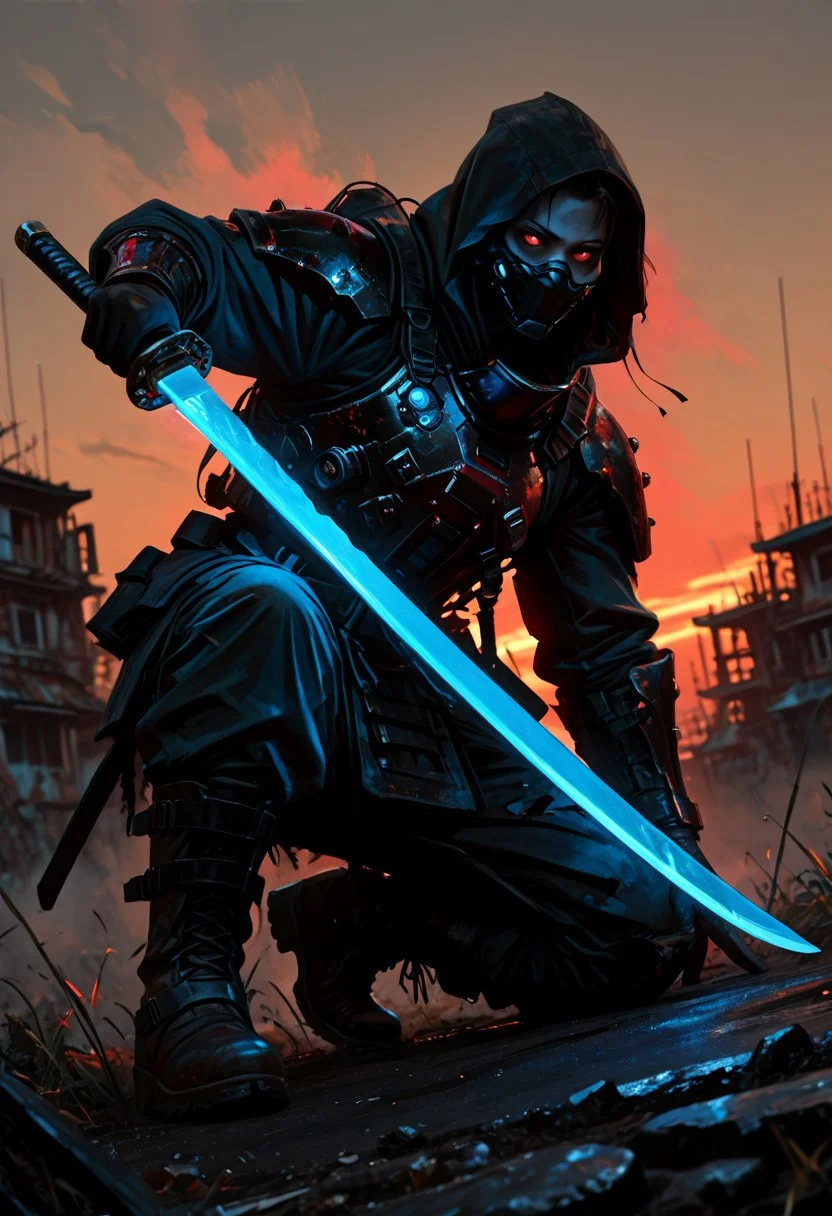 masterwork, masterpiece, best quality, detailed, depth of field, , high detail, best quality, very aesthetic, 8k, photorealistic, realistic skin, deep colour, high contrast, hyperdetailed, matte digital painting, trending on artstation, sharp edges, precise, clear focus, detailed face, face focus, sideview, wide shot, looking at viewer,
futuristic, gritty.
line art, ink art of a woman, solo, soldier, enigmatic, (glowing red eyes), matte black modular suit of armor, molded armour, whole body protection, heavy boots, holding a katana, (blue glowing blade:1.5), ready to fight, fighting stance. Deep hood, black face mask, pale skin,
background war-torn urban landscapes, dramatic lighting, dynamic angle, whole body, face focus, high contrast, deep shadows, distant fires, smoky sky, matte painting,
STP-Illu