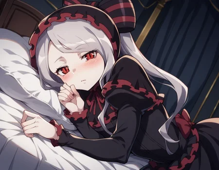 score_9, score_8_up, score_7_up, source_anime,
shalltear, <lora:shalltear-bloodfallen-s1s2-ponyxl-lora-nochekaiser:1>,
shalltear, grey hair, long hair, red eyes, silver hair,
black dress, bonnet, bow, dress, frilled dress, frills, large bow, long sleeves, vampire,
indoors, bed, bed room, on side, blush, drunk,
looking at viewer, cowboy shot, solo, dutch angle,
