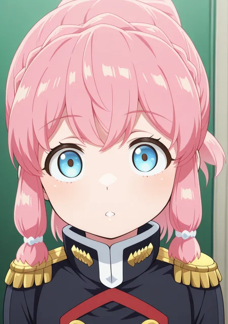 masterpiece,best quality,amazing quality,
1girl,looking at viewer,upper body,military uniform,
<lora:matochara:1>,okawamura nei,pink hair,blue eyes,