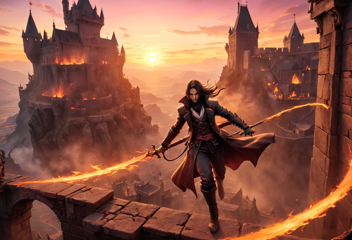 Dynamic action shot of a spinning Alucard assassin swinging a flaming whip while on an outer castle wall high above the ground, video game character, Prince1024, SOTN, 
extremely detailed background, IBG,  background focus, pink and orange skies, 
candid shot, 
hyperdetailed realistic illustration, intricately detailed, highest quality, implied motion, 
BREAK, ultra level of detail and precision in the art, masterpiece, mixed media, intense mood, detailed shading, extreme wide-angle view, motion blur, ray-traced, semirealistic, 
subsurface scattering, light leaks, soft shadows, film grain, Dutch angle, cinematic composition, mystic haze, dusty atmosphere, HDR, complementary colors, vibrant colors, golden-hour, fisheye view, colorful palette,