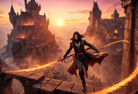 Dynamic action shot of a spinning Alucard assassin swinging a flaming whip while on an outer castle wall high above the ground, video game character, Prince1024, SOTN,
extremely detailed background, IBG, background focus, pink and orange skies,
candid shot,
hyperdetailed realistic illustration, intricately detailed, highest quality, implied motion,
BREAK, ultra level of detail and precision in the art, masterpiece, mixed media, intense mood, detailed shading, extreme wide-angle view, motion blur, ray-traced, semirealistic,
subsurface scattering, light leaks, soft shadows, film grain, Dutch angle, cinematic composition, mystic haze, dusty atmosphere, HDR, complementary colors, vibrant colors, golden-hour, fisheye view, colorful palette,