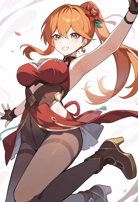 score_9, score_7_up,source_anime,anatomically correct,best perspective BREAK
1girl, <lora:hirostyle:1> hirostyle <lora:Guinaifen:0.7> GuinaifenBren,red hair, long hair, ponytail, orange hair,blonde hair, hair flower, yellow eyes, hair between eyes, large breasts,red dress, gloves, armpits, stomach,pantyhose,boots, blush, earrings, brown gloves, black pantyhose, jewelry, long sleeves, sleeveless dress, high heels, grin, fingerless gloves.