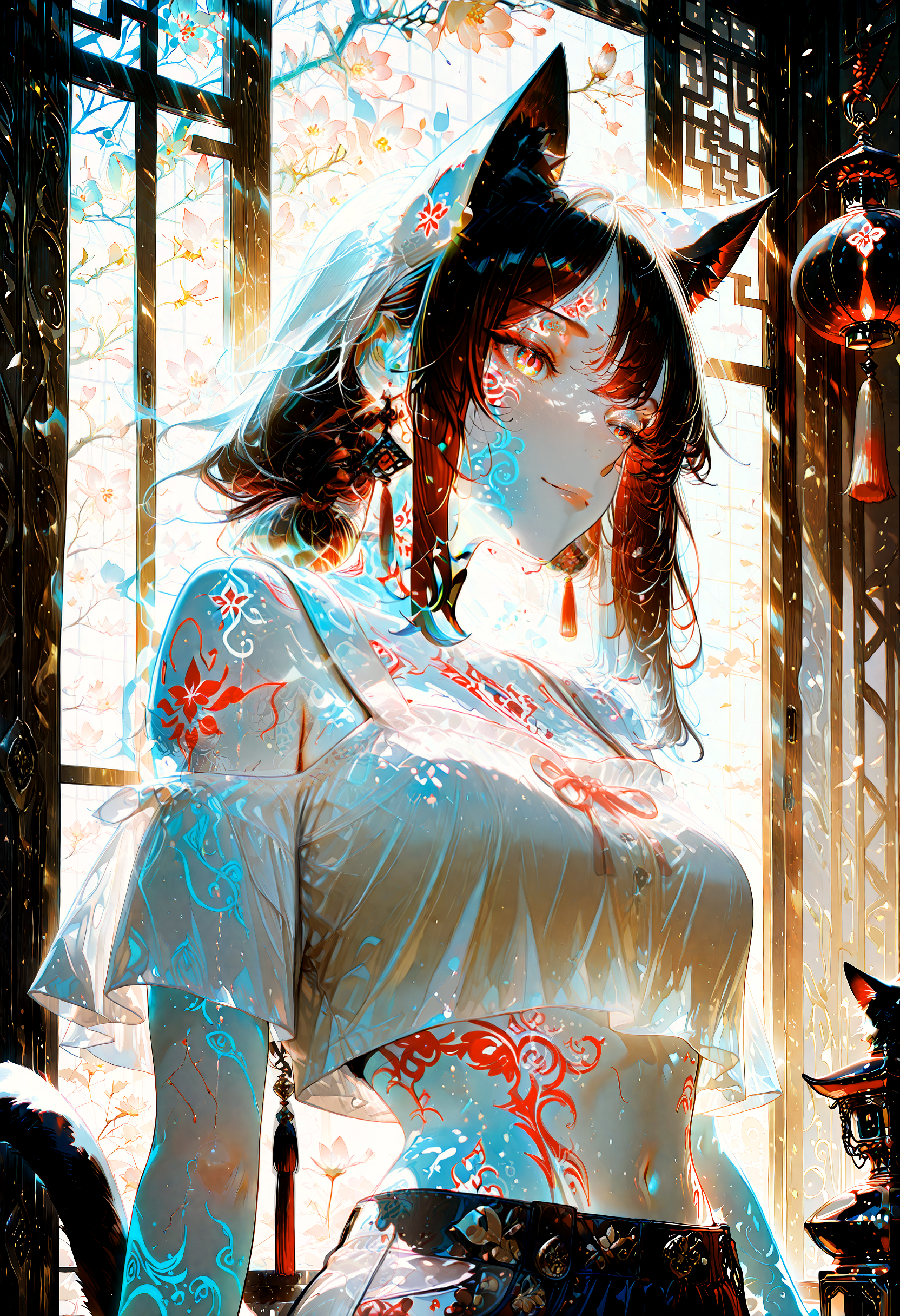 (cat ears:1.5) 1girl, solo,digital illustration,line art, long dark hair and striking red eyes is seated against a dark, illuminated background. She wears a crop top, shoulder free, midriff, 
 that partially reveals intricate tattoos,which glow against her skin. glowing skin, (glowing tattoo:1.35), Her accessories include earrings and decorative elements that shimmer softly in the light, while her expression is serene yet slightly enigmatic. The overall atmosphere is ethereal and vibrant, with contrasting colors of blue and red enhancing her striking appearance. nyonku  incase detailed background, detailed foreground,detailed clothing,  detailed hair,masterpiece, best quality,detailed eyes, detailed skin,skin folds,light particles, bokeh,volumetric lighting, dramatic lighting,cinematic,dark,shadow, shallow depth of field, natural light,cinematic shading