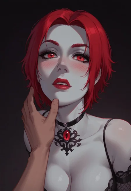 score_9, score_8_up, score_8, source_anime, 1girl, <lora:VelvetVelour:0.95>, uncensored BREAK 1girl, Velvet Velour, vampire, vmpr, (white skin, red eyes, , red hairs), gothic cathedral, brides of dracula style, (man's hand caressing her face, blushing, voluptuous, looking toward the right)
