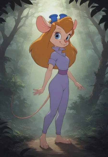 Score 9, Score_8_up, Score_7_up, source furry, (full body in frame:2.0), Gadget hackwrench, mouse girl, mouse, anthro mouse, in a magical forest, green trees, rays of sunshine, 3/4 side view, seductive look, looking at viewer,