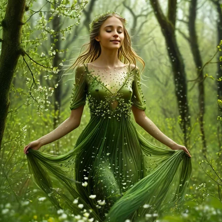 epiCRealism, (masterpiece, extremely detailed, highest quality),the queen of the forest is the most beautiful creature in the woods, cute, sensual, wears a see through dress made of tiny interwoven leaves, light, carefree, smile and happy, levitating just over the flowers in her glade among old oaks and willows, her hair floats behind her long and green full of small flowers, it is springtime and a storm has just finished leaving trillions of drops and the air is full of birds, bees, insects and a myriad of small seeds, the Sun shines glorious among the heavy stormy clouds sending its rays down to the glade like columns of light