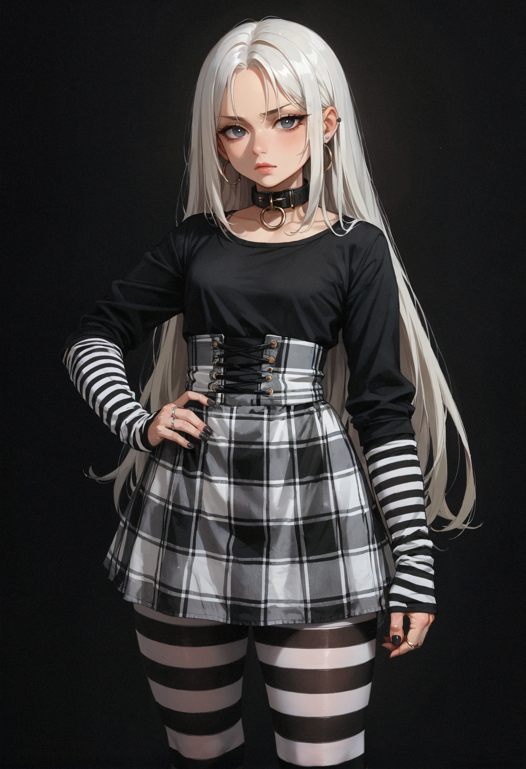 score_9,score_8_up,score_8_up,(portrait:1.3),dark background,1girl,standing,full body,white very long hair,white hair,(hands_on_own_hips:1.25),high-waist plaid skirt,striped clothes,striped pantyhose,black top,long sleeves,black platform high heels,small breasts,black nails,multiple rings,striped sleeves,black collar,collar ring,striped arm warmers,sleeves past wrists,high-waist skirt,<lora:MyTrainings\Temp\AlterCiri_Striped_Socks_Goth_Dress_Pony_ARZUMATA\AlterCiri_Striped_Socks_Goth_Dress_Pony_ARZUMATA.safetensors:0.7>