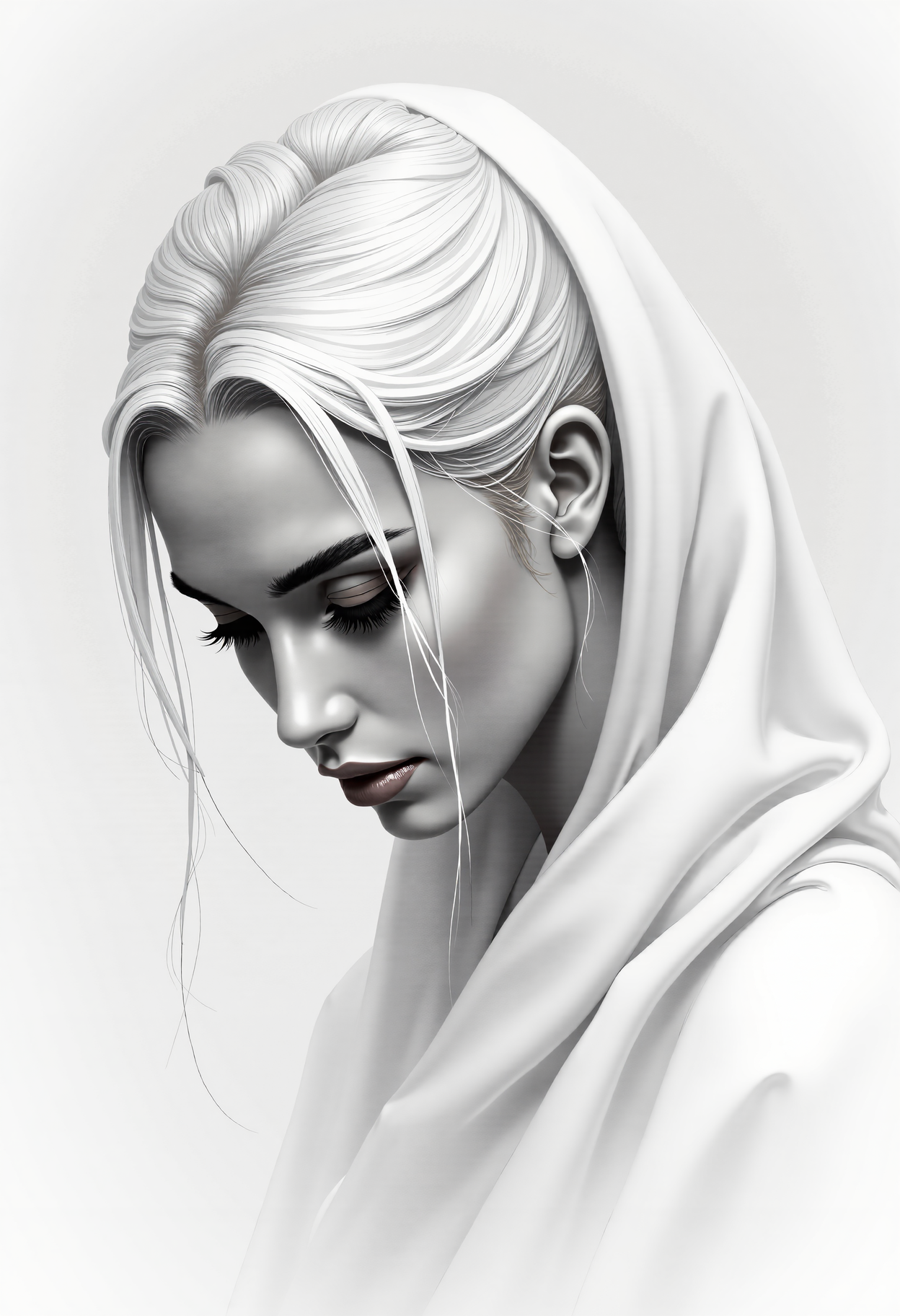 A close-up portrait in monochrome pencil and charcoal drawing of a woman with an almost ethereal beauty. She gazes thoughtfully with her head slightly bowed at the ground.

The composition uses soft and smooth transitions in white and gray tones achieved with pastel chalks.

Her face is narrow, with half-closed eyes, beautiful eyebrows, and eyelids drawn slightly darker. She has a straight nose and well-formed lips. Her long, flowing white hair cascades down her shoulders in soft waves. She is wearing a flowing, white cloak that drapes elegantly around her, partially covering her hair.

This transition between her hair and the cloak is painted with blurry, smooth, flowing lines, similar to the effect of a smudge tool. The drawing captures a serene and calming atmosphere, emphasizing the delicate and realistic details.