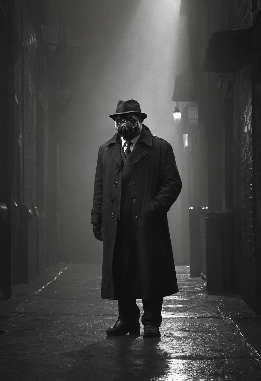 bw, grayscale, (anthropomorphic-pug: 1.59) noir detective in Los Angeles,, Volumetric lighting, concept art, sharp focus, digital art <lora:xl_more_art-full_v1:0.8> <lora:Into_Darkness:0.8>, fedora, smokey, trench-coat, standing in wet alley, brick walls