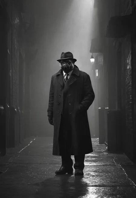 bw, grayscale, (anthropomorphic-pug: 1.59) noir detective in Los Angeles,, Volumetric lighting, concept art, sharp focus, digital art <lora:xl_more_art-full_v1:0.8> <lora:Into_Darkness:0.8>, fedora, smokey, trench-coat, standing in wet alley, brick walls