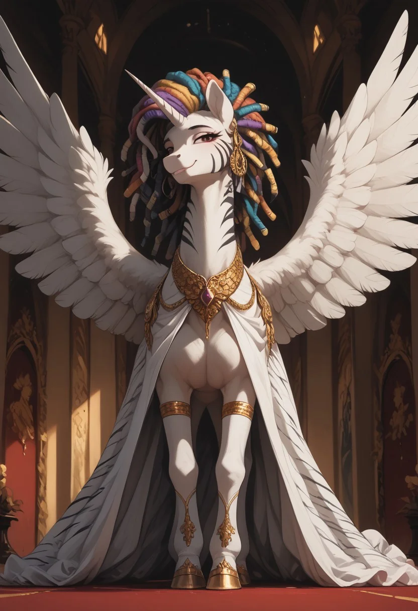 score_9, score_8_up, score_7_up, Expressiveh, feral pony, solo, standing in the throne room, looking back at viewer, (soft gaze, soft smile), (dramatic angle), (front view), ((spread wings)), (regal, majestic:1.1), (((large white unicorn horn on head)))
BREAK,
((princess celestia, alicorn, beautiful earrings, multiple necklaces, white beads on neck)), (((colorful mane))), ((((elegant white dress, elegant white stockings)))), ((((alternative hairstyle, colorful dreadlocks)))), dock, tail, ((((black zebra stripes on body, black marks on body)))), ((((black tatoos))))