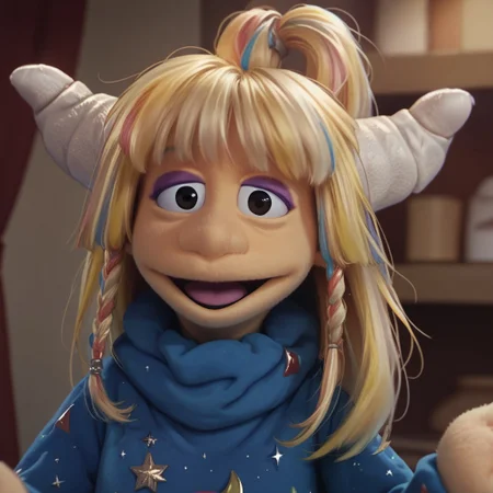 1girl, score_9, score_8_up, score_7_up BREAK Eureekaa, 1girl, blonde hair, multicolor hair streaks, ponytail, horns, black eyes, purple eyeshadow, long blue starry robe, smiling at viewer,