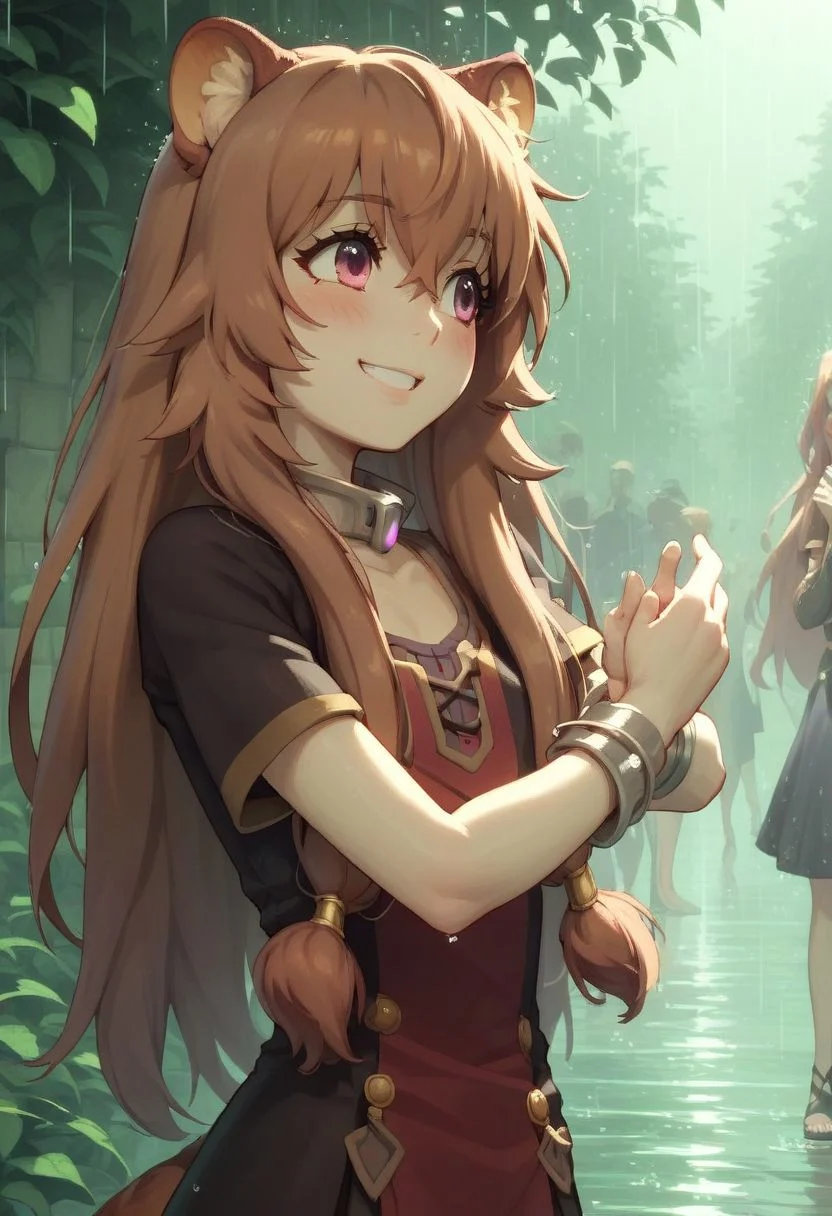 score_9, score_8_up, score_8_up, (((dancing in rain))), dancing, raining, dynamic angle, intricate,
chest closeup, chest focus,
raphtalia,red eyes,raccoon girl,long hair,sidelocks, people, sunlight hitting face,outside, fantasy village, people, lit from front, g0thicPXL, 1girl, ((blush)) highly detailed face, looking away,
flat chest,
youthful petite Body, petite figure, slender body shape,summer heat, heat effects, sun rays, sharp outlining, high contrast, vibrant colors, , smiling, BREAK, (dancing in rain),
flat chest,
score_9,score_8_up,score_7_up,very aesthetic ,(masterpiece:1.4), (best quality), (colorful), (detailed)