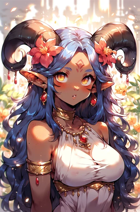 score_9,score_8_up,score_7_up,score_6_up,score_5_up,score_4_up source_explicit, 1girl,solo,long hair,breasts,looking at viewer,hair ornament,dress,bare shoulders,jewelry,blue hair,yellow eyes,upper body,purple hair,flower,earrings,parted lips,horns,pointy ears,artist name,hair flower,dark skin,dark-skinned female,facial mark,armlet,freckles,forehead mark <lora:ToraFurry_XL_PonyV6_p1-t1:0.8>, furry,