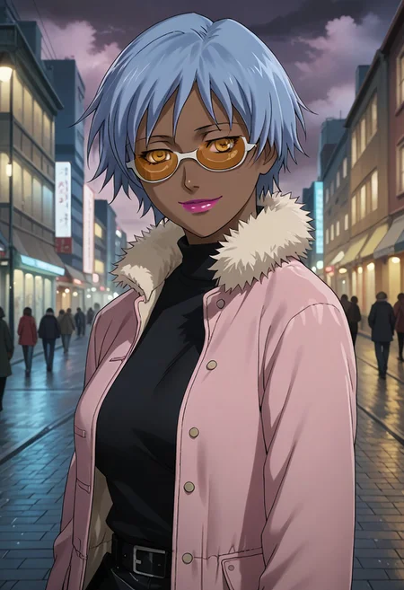 source_anime, D4RK3RTH4NBL4CK, DTB_Style, (XXX Rating), ((score_9)),score_8_up,score_7_up,score_6_up,score_5_up,score_4_up, retro_artstyle, anime style, 1woman, (dark-skinned_female:1.5), solo, solo focus, (april_(darker_than_black):1.3), (short hair), (blue hair), yellow eyes, sunglasses, pink lips, large breasts, (pink coat, winter_coat, fur_trim), Blush, Full-Faced Blush, (long_sleeves), (smile), red face, steam, looking at viewer, facing viewer, masterpiece, best quality, highres, best illumination, depth of field, Artist style:komori_takahiro, public indecency, urban, cloudy, night, cityscape background, outdoors,
