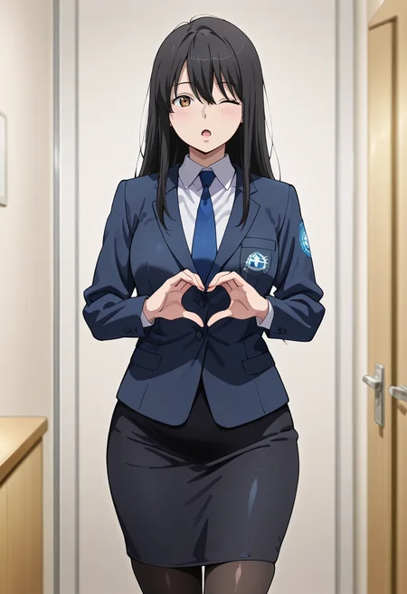 masterpiece, best quality, amazing quality, very aesthetic, absurdres, newest, illustration, perfect composition, intricate details, highres, anime coloring, 1girl, solo, yukiww, mature female, brown eyes, black hair, long hair, bangs, hair between eyes, uniform, blue necktie, blue suit jacket, white collared shirt, breast pocket, long sleeves, black pencil skirt, black pantyhose, <lora:Kaizuka_Yuki_Aldnoah_Zero_ill_v1.1:1>, standing, heart hands, blush, one eye closed, open mouth, looking at viewer, indoors, shiny body, shiny skin, skindentation, clear skin, shiny hair, ultra detailed eyes, depth of field, sharp, intricate details, hyperdetailed, ultra-detailed, detailed clothing folds, high contrast, dynamic light