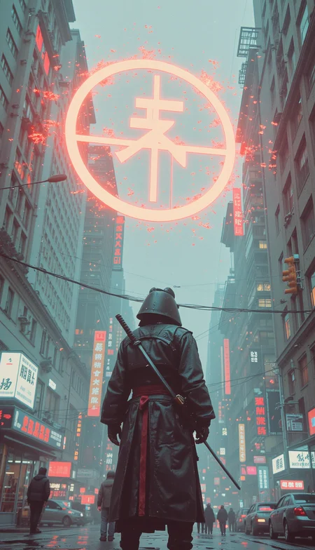 ultra realstic A lone tech-monk samurai, robes fused with smart-fabric and carbon-weave plating. He stands still in the middle of a digital storm, katana sheathed, as skyscrapers melt into glowing glyphs around him. <lora:Movie_Portrait:0.08> <lora:KB_Kentmere400_FLUX:0.05> <lora:Analog_Photo_Style:0.1> <lora:soaked_brand_pfeffi_KB_FLUX:0.04> <lora:Vintage_Neon_Film:0.15> <lora:Sword_Sakura壿¡(Photographic_style):0.545> <lora:Neon_Punk-Flux:0.9>