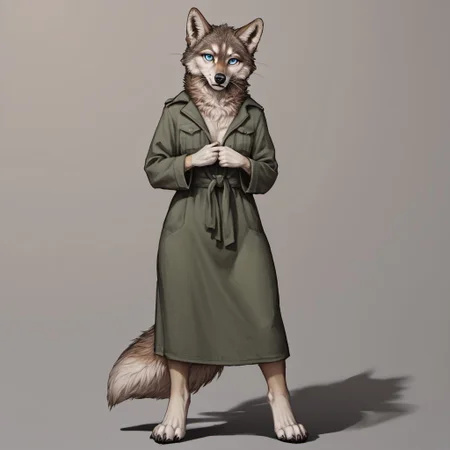 score_9, score_8_up, score_7_up, source_furry, detailed face, detailed eyes, incredible detail BREAK 1girl, solo, anthro, wide shot (furry female, wolf, light brown fur, monotone fur, light blue eyes,slightly wide hips, small breasts), black nose, whiskers, holding bow, wearing a hunter clothes, shy posee, ear flop, solo, looking at viewer, drop shadow, full body