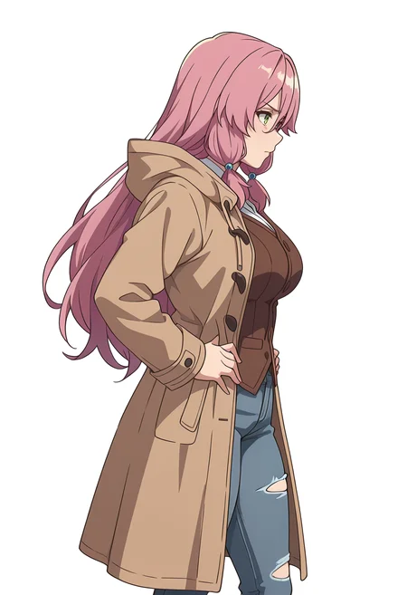 Smooth Quality,masterpiece,very intricate, high quality details, ultra realistic, high detailed skin,detailed enviorement,absurdres,
simple background, white background,
from side,sad,standing, hands on hips, feet apart, determined, looking forward, ,
ripped jeans, ,duffle coat, ,vest, , <lora:Jioral_Flare_Arlgrande_cnn:0.8>flarecnn,1girl, long hair, hair between eyes,green eyes, pink hair, large breasts,