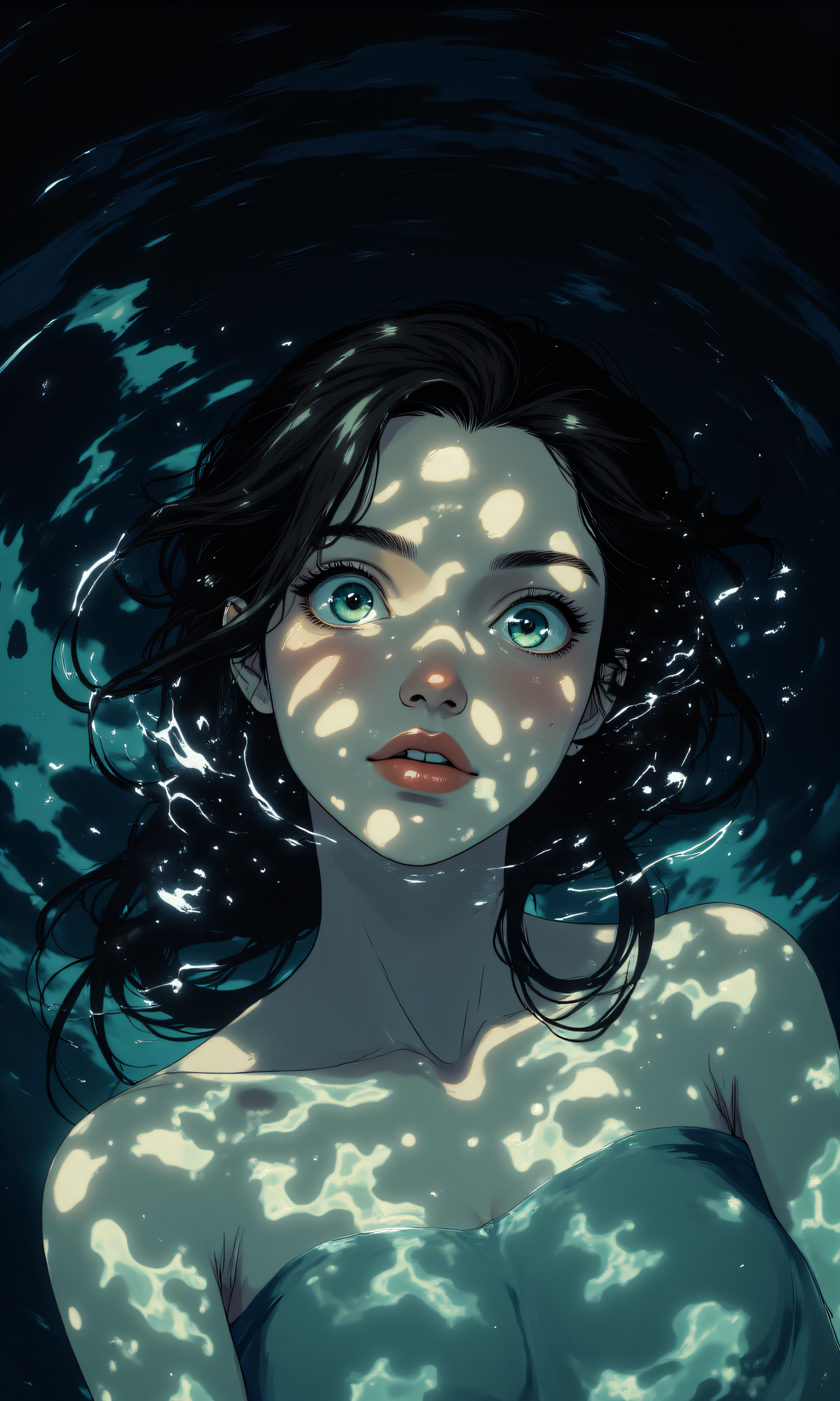 The image captures a hauntingly serene moment, where a woman is submerged in water, her face partially breaking the surface. The lighting is ethereal, with beams of sunlight filtering through the water, creating a mesmerizing interplay of light and shadow across her features. The overall atmosphere is both tranquil and mysterious, evoking a sense of otherworldliness. 
Her hair  is long and dark, wet and clinging to her head, framing her face like a veil of midnight. The strands are slicked back slightly, but some loose tendrils drift around her cheeks and forehead, adding movement and texture to the composition. The water clings to her hair, making it appear almost translucent in places, as though itâs alive with the rhythm of the liquid surrounding her. 
Her skin  is pale and smooth, glowing softly under the filtered sunlight. The light creates intricate patterns on her faceâdancing ripples of brightness that highlight her cheekbones, jawline, and the delicate curve of her neck. Her complexion has a luminous quality, as if she is made of moonlight itself, reflecting the subtle hues of the underwater environment. 
Her eyes  are striking, large and wide open, with a piercing blue-green hue that seems to shimmer with life. They convey a mix of curiosity, vulnerability, and quiet strength. Her gaze is direct, meeting the viewer head-on, as though she is aware of being observed yet unbothered by it. Her eyebrows are naturally arched, adding depth to her expression without appearing overly dramatic. 
Her expression  is calm but intense. Her lips are slightly parted, revealing just enough to suggest breath or thought, as though she is caught mid-moment of contemplation. Thereâs no smile, but neither is there sadnessâjust a quiet presence, as though she exists in perfect harmony with the water around her. 
The water itself plays a crucial role in the composition. It appears deep and still, with faint ripples distorting the light and creating a dreamlike quality. The sunlight streaming through the water casts dynamic patterns across her skin, shifting subtly as though the light is alive. These patterns create a sense of movement, even though she remains mostly still, giving the impression that she is floating effortlessly, suspended between worlds. 
Her posture  is relaxed, almost weightless. Her head tilts slightly upward, allowing the light to play across her face, while her shoulders and upper chest remain submerged. The water clings to her body, highlighting its contours without revealing too much detail, maintaining an air of mystery. 
The background is a deep, inky black, suggesting great depth beneath the surface. This darkness contrasts sharply with the bright, reflective quality of her face, drawing all attention to her. The overall mood is one of serenity and introspectionâa moment frozen in time, where she seems to exist in perfect balance with the natural world around her. 
This portrait feels like a glimpse into another realm, where human beauty merges seamlessly with the elements. It invites the viewer to linger, to explore the layers of emotion and meaning hidden within the interplay of light, water, and expression. 
j_art, j_anime, <lora:FLUX\OBdonman, anime0style portrait:0.15>, <lora:FLUX\jul\J_Anime:1.0>, <lora:FLUX\RealAnime:0.1>