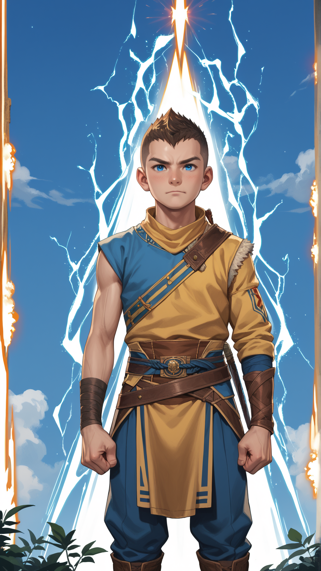 score_9, score_8_up, score_7_up, score_6_up, score_5_up, score_4_up, rating_safe, source_anime, anime style cartoon, source_cartoon, <lora:GoWRAtreusPDXL:1>GoWRAtreus, 12 y-o young boy, solo,  (Clenching fists with energy building up around them:1.5) in a electrified forest location.
Blue eyes and short brown buzzcut. GoWRAtreus is wearing a (yellow:0.5) tunic with leather details. Belts and straps crossing his body. (His waistcloth is red and blue:1.4). GoWRAtreus is wearing brown leather boots. His right arm is bare and has a tattoo. GoWRAtreus expression is Passionate, A heated look, a flushed face, and a quickened breath..