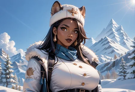 score_9, score_8_up, score_7_up, score_6_up, score_5_up, score_4_up, Very Detailed Background, Cinematic Lighting, Volumetric Lighting, Bloom, finely detailed hair, Post Processing, Perfect Anatomy, Extremely Detailed Eyes And Face, Perfect Eyes.
1girl, (solo), black girl, african girl, very long straight black hair, brown eyes, gorgeous lips, dark lips, slim figure, narrow waist, wide hips, perfect round butt,( huge breasts:1.0), firm breasts,
clothes -- fully dressed. ushanka hat, winter coat, very long blue scarf.
snow covered trainstation, tram rails, historic buildings,sunlight,
blue sky, day, beautiful view, mysterious glow, beautiful clouds,
(Upper body portrait:1.3)