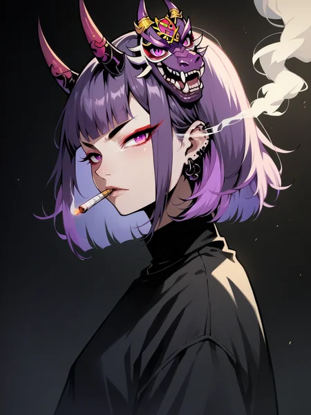 score_9, score_8_up, score_7_up, score_6_up, score_5_up, <lora:cigarette2XLP:1> cigarette, 1girl, smoke, solo, mask, purple hair, oni mask, jewelry, earrings, horns, looking at viewer, smoking, short hair, upper body, bangs, multicolored hair, black background, makeup, piercing, from side, blunt bangs, oni, ear piercing, shirt, mask on head, oni horns, purple eyes, dragon, eyeshadow, black shirt