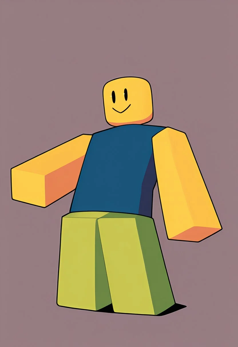 noob, solo, smile, colored skin, yellow skin, 1boy, yellow block arms, green block legs, , closed mouth, blue shirt, green pants, solid oval eyes, sleeveless,