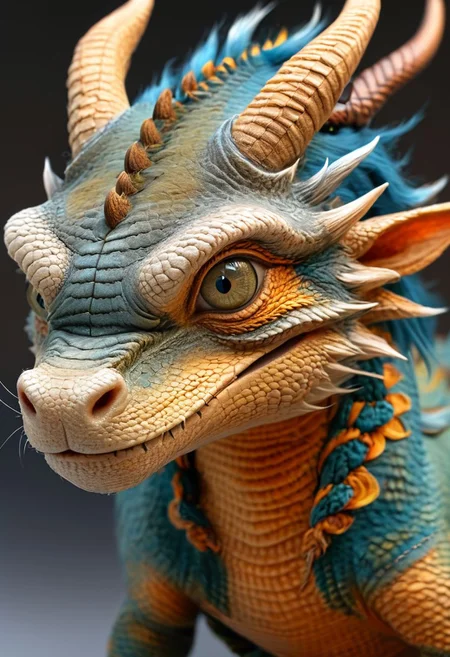 Hyperrealistic artn dragon hybrid, covered in matte scales as skin, extreme close-up, striking reptilian eyes, dragon horns, bald, braided ponytail, exudes confidence and power, sunet, rim lighting, cold colors. style of Don Lawrence, style of (Will Murai:1.2), style of (Greg Rutkowski:0.8), <lora:SDXLFaeTastic2400:1.0>,
<lora:Hyper-SDXL-8steps-lora:1.0> . Extremely high-resolution details, photographic, realism pushed to extreme, fine texture, incredibly lifelike
