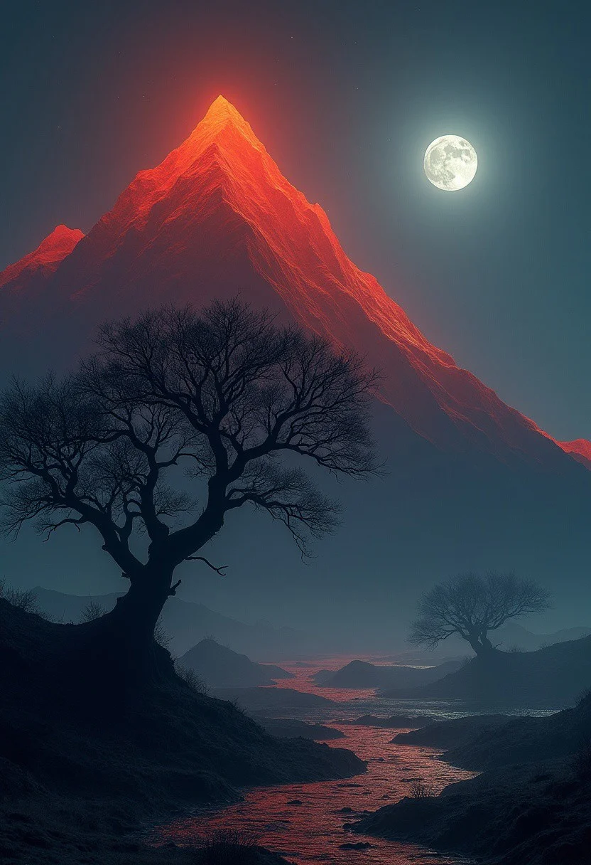 the image is a surreal landscape scene. The background is dominated by a large mountain, adorned with a red-orange hue that fades to dark orange and brown hues near the top. the top of the mountain is illuminated with red light, adding an eerie glow to the scene. in the foreground is a tree with gnarled branches reaching towards the sky, above is the night sky, the moon emitting a soft white light. Even though the action takes place at night, the colors and lighting give the scene a dreamy and ethereal feel. 8k. sharp focus, studio photo, intricate details, highly detailed,