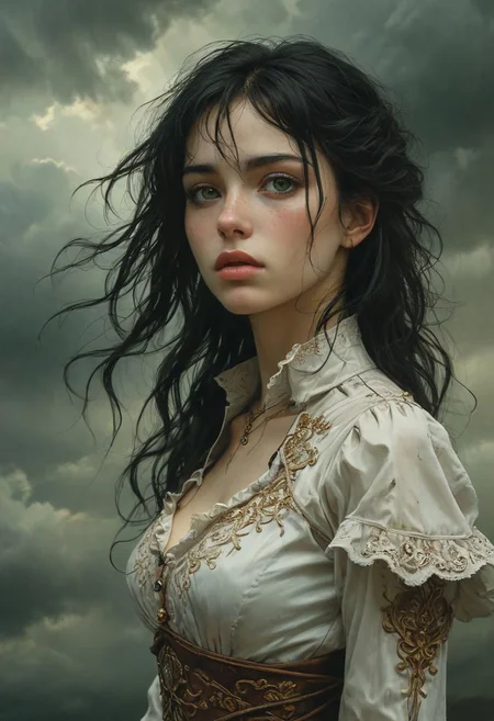 full body photo, side view, dutch angle, portrait of a Spanish girl, dark dreams, black hair, alluring, seductive, storm clouds, whimsical charm, ethereal glow, freckles, tack sharp focus on Green eyes, Masterpiece, intricate lines, intriguing atmosphere, sharp magnificent details, delicate features, elaborate details, (2\3 rule composition:0.5), award winning illustration by Heather Theurer and Luis Royo, volumetric lighting, eye contact with viewer <lora:add-detail-xl:1> <lora:MJ52:0.5> <lora:sdxl_lightning_8step_lora:1>