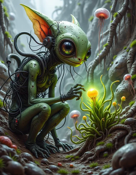 d1st0p14 , An alien botanist, with delicate, bioluminescent skin and large, inquisitive eyes, studies a glowing plant on a distant, unexplored planet. The botanistâs tools are advanced, with floating drones that analyze the plantâs properties. The landscape around them is lush with strange, colorful vegetation and floating, jellyfish-like creatures
<lora:dystopia:0.8>