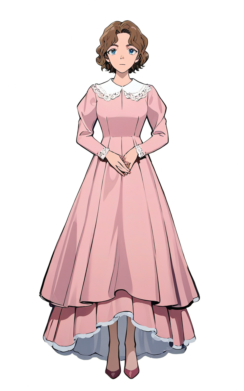 8k, best quality, masterpiece, (ultra-detailed), (high detailed skin), 
full body, full shot, standing, looking at viewer, (solo:1.2), simple background, white background, 
<lora:daganghy-a3-Tanger-000014:0.8>, daganghy, (qinshan artist style:1.1), 1girl, brown hair, short hair, blue eyes, wavy hair, 
pink dress,