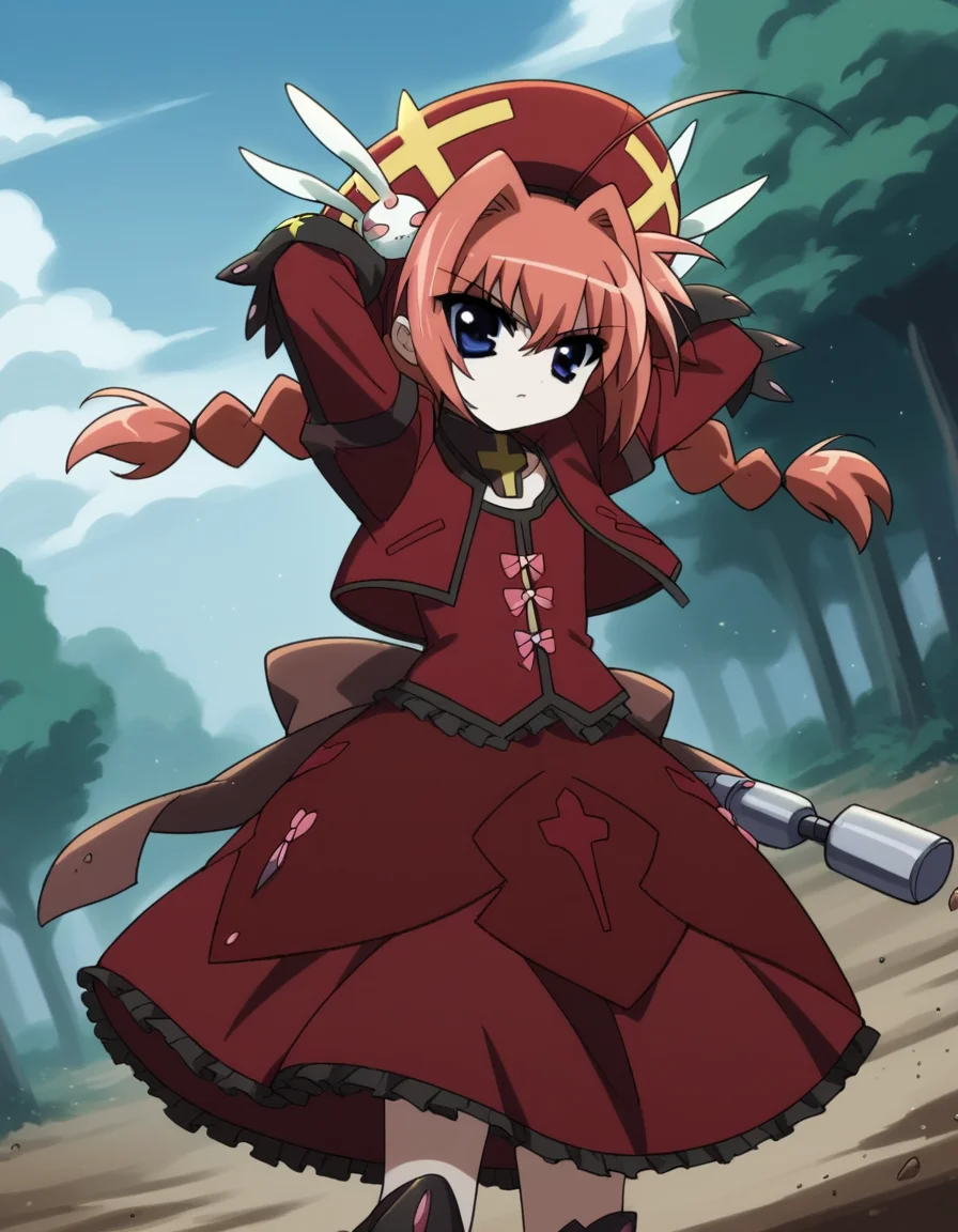 score_9, score_8_up, score_7_up, source_anime, <lora:vita-movie2-ponyxl-lora-nochekaiser:1>, vita, blue eyes, braid, ahoge, red hair, twin braids, rabbit hair ornament,, gloves, hat, dress, weapon, open clothes, open jacket, magical girl, red dress, cropped jacket, hammer,, bike ride, countryside, dirt road, trees, afternoon sun, peaceful, alone, , , hands behind head,, solo,, dutch angle,