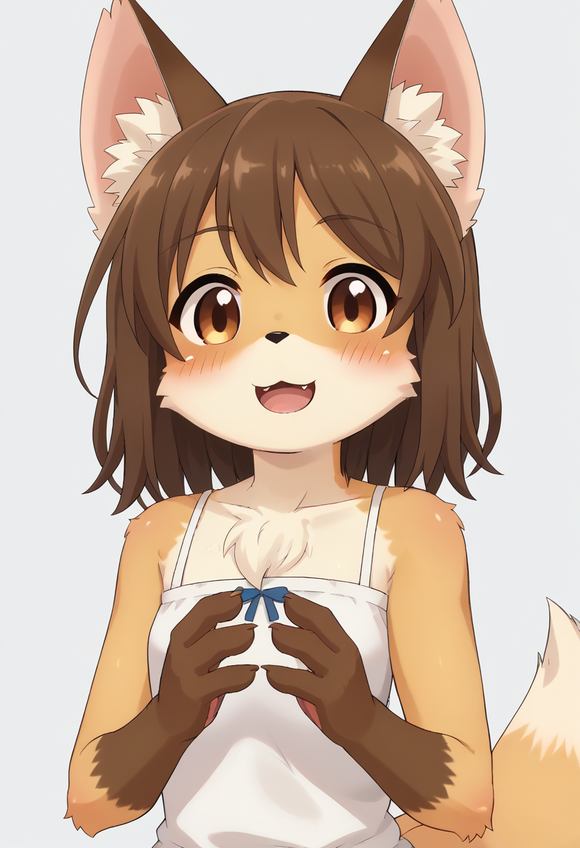 score_9, score_8_up, score_7_up, source_furry, kmc, <lora:FoxGirl_pony_v1:1>, anime screencap, furry female, furry, animal ears, tail, tareme, brown eyes, looking at viewer, blush, fox ears, brown hair, medium hair, smile, open mouth, dress, fox tail, upper body, from below side, simple background, white background, <lora:p:0.3> <lora:Anime_Screencap:0.7>