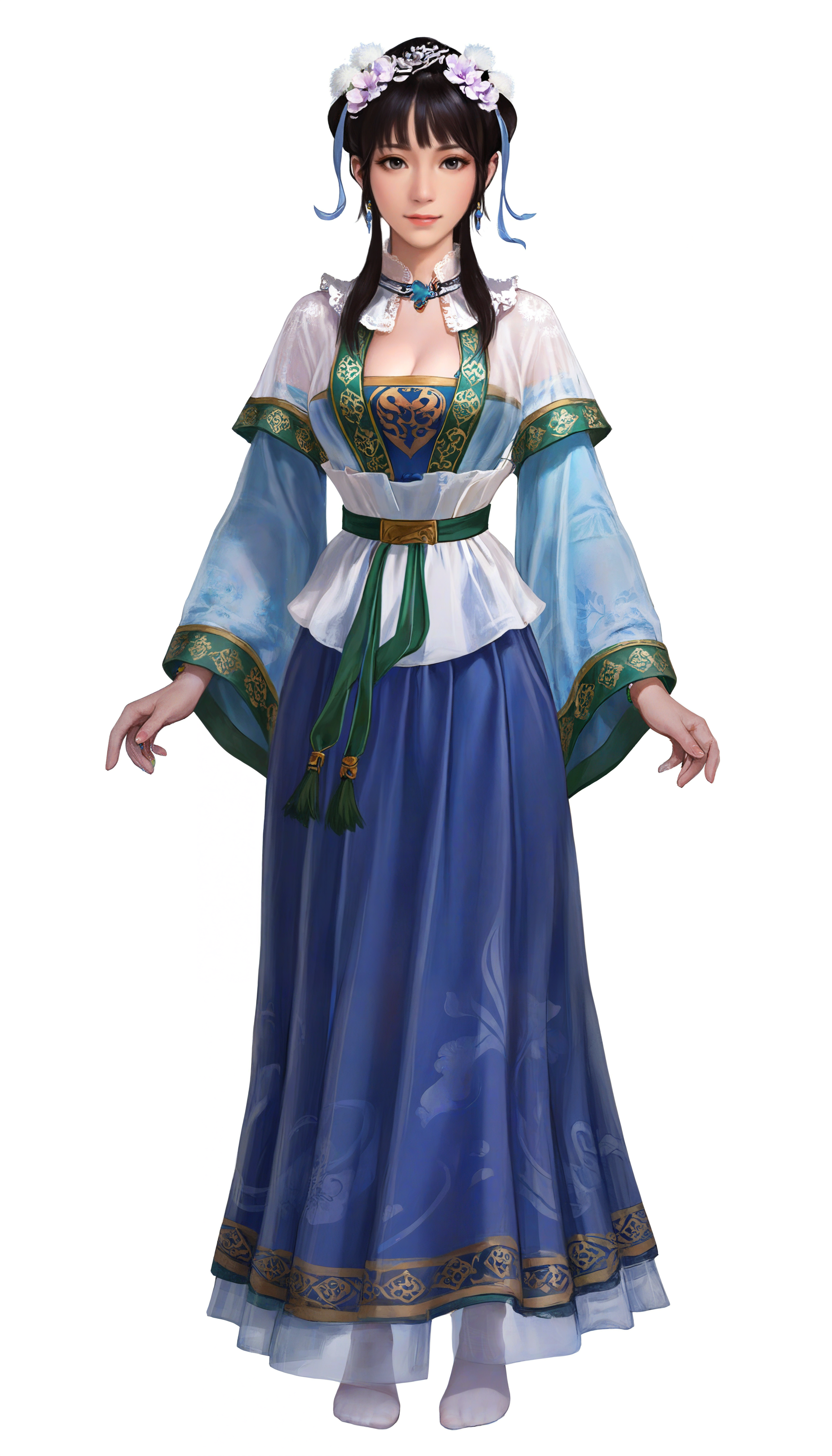 masterpiece,best quality,amazing quality,
<lora:wangyuanjiNAI:1>,wangyuanji,realistic,
1girl,solo,black hair,blunt bangs,updo,low ponytail,white scrunchie,hair ornament,white hair pom pom,purple hair flower,blue hair ribbon,blue earrings,
grey eyes,
necklace with blue gem,lace collar,short sleeve sheer cardigan,blue chest-high skirt,blue detached sleeves with green trim,white waist sash,green waist belt,green waist belt,
white lace socks,no shoes,
full body,
looking at viewer,
standing,looking at viewer,
white background,