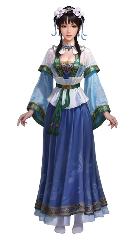 masterpiece,best quality,amazing quality,
<lora:wangyuanjiNAI:1>,wangyuanji,realistic,
1girl,solo,black hair,blunt bangs,updo,low ponytail,white scrunchie,hair ornament,white hair pom pom,purple hair flower,blue hair ribbon,blue earrings,
grey eyes,
necklace with blue gem,lace collar,short sleeve sheer cardigan,blue chest-high skirt,blue detached sleeves with green trim,white waist sash,green waist belt,green waist belt,
white lace socks,no shoes,
full body,
looking at viewer,
standing,looking at viewer,
white background,