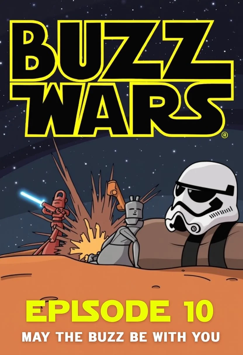 The following text but similar to the yellow Star Wars logo "Buzz Wars", and below it the following subtext "Episode 10: May the Buzz Be With You"