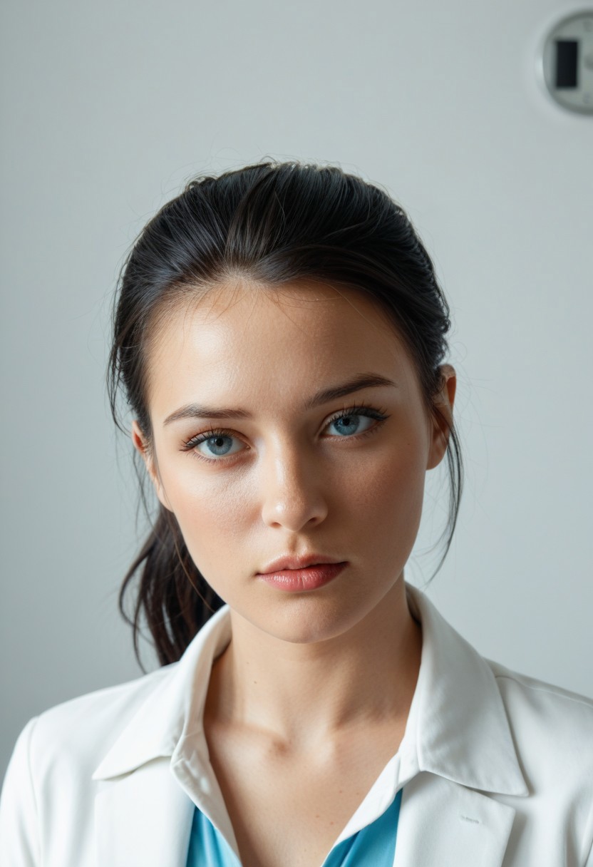 score_9, score_8, score_7, score_6, highres, high-quality, 8k, 4k, raw, Lucy Ria Christensen face, Lucy Ria Christensen chin, Lucy Ria Christensen forehead, ponytail hair, blue iris, blue eyes, black hair, looking left portrait, looking away, professional photography