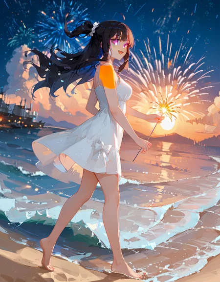 score_9_up, score_9, score_8_up, score_7_up, rating_explicit, perfect quality,high quality,masterpiece,best quality,amazing quality,very aesthetic,Cinematic Lighting,newest,Tactical use of shadow,
1girl,solo,long hair,black hair,hair between eyes,ahoge,purple eyes,AyanoKimishima Cyql,
sparkler, outdoors, fireworks, barefoot, dress, scenery, sky, smile, night, white dress, ocean, open mouth, standing, beach, cloud, holding fireworks, looking at viewer, water, standing on one leg, horizon, one side up, from side, :d, blush, night sky, sleeveless dress, city lights, multicololens flare, sleeveless, blurry, bokeh, sundress, shore, holding, bare shoulders, full body, bare arms, depth of field, sunset, scrunchie, breasts, mountainous horizon, mountain, cloudy sky,  waves, blurry background,  star (sky), blue sky, sand,  leg up, sun, looking to the side, lights, reflection, walking, moon, bare legs, floating hair,
<lora:ponyv4_noob1_2_adamW-000017:0.7>,<lora:spo_sdxl_10ep_4k-data_lora_webui:0.6>,<lora:USNR STYLE_XL_lokr:0.45>,<lora:illustrious_all_rated_v1:0.7>,<lora:96YOTTEA-WAI:0.8>,<lora:Ayano Kimishima_Illustrious by Cyql:1>,