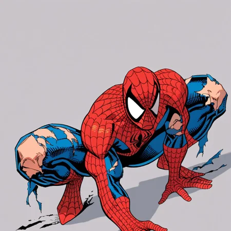 score_9,score_8_up,score_7_up,spider web print, solo, 1boy, , spider-man,male focus, torn bodysuit, , superhero,crouching,damaged mask
