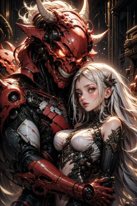 (masterpiece:1.1), (best quality:1.1), (intricate:1.1), (detailed:1.1), (ornate:1.1), (aesthetic:1.1), BREAK,
(science fiction:1.1), (cyberpunk:1.0), (tragic:1.1), (red theme:1.0),(glowing:1.1), (metallic:1.0), BREAK,
(upper body:1.0), (1boy + 1girl:1.1), (a muscled male demon with black hair embracing a innocent looking girl with white hair:1.1), (cyborg:1.1), (mechanical parts:1.1), (pain and pleasure:1.1), (covered in blood:1.1), <lora:biomanic:0.8>
