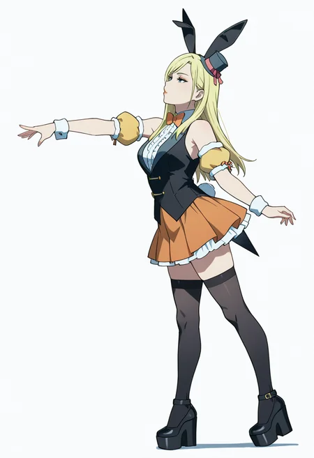 Smooth Quality,masterpiece,very intricate, high quality details, ultra realistic, high detailed skin,detailed enviorement,absurdres,
simple background, white background, dancing, 
 <lora:Moonbeams_Manager_CNR:0.7> moonbear_cnr, 1girl,blonde hair, long hair, blue eyes,rabbit ears, fake animal ears, bare shoulders, makeup, lipstick, mini top hat, black vest, shirt,puffy short sleeves, detached sleeves, wrist cuffs,orange pleated skirt, black thighhighs, frills,bowtie, platform footwear,, turn pale,, :>=,